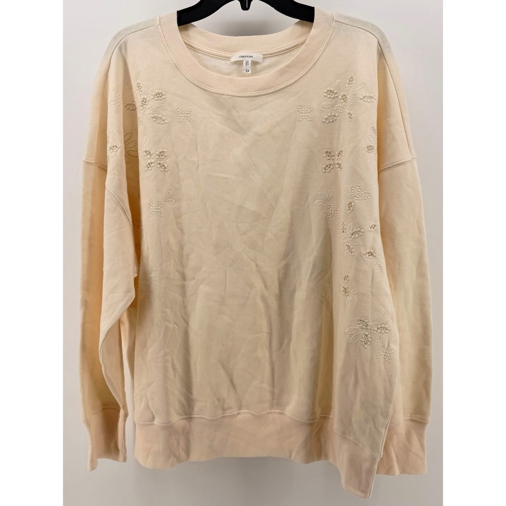 Maurices Women's Plus 1X Beige Floral Embroidered Crewneck Fleece Sweatshirt